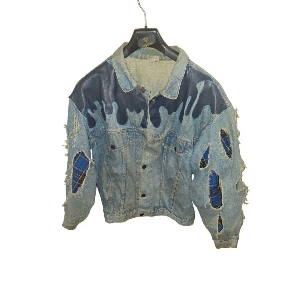 Custom Vintage Denim Jacket Trucker Size L Sauce Blue Plaid Drip Rizz Ripped‎